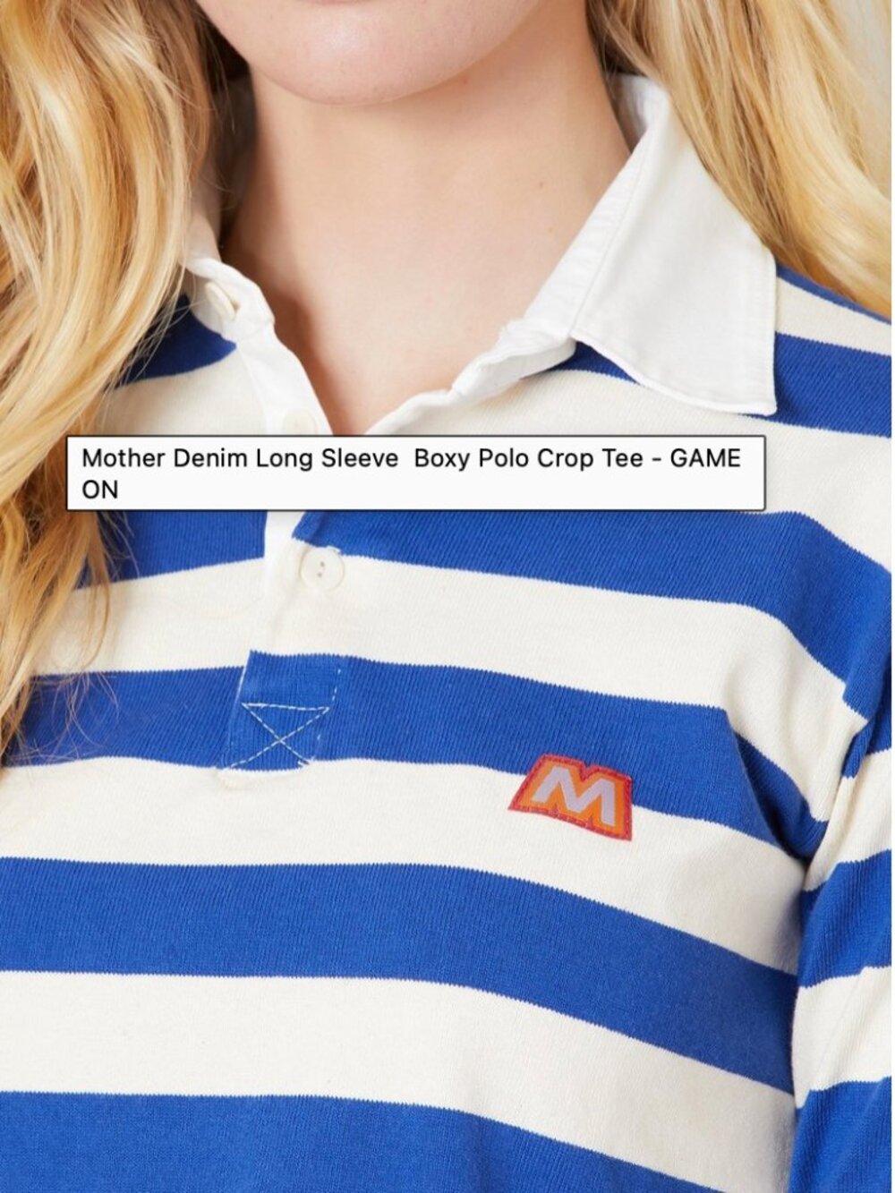 MOTHER Boxy Polo Crop Tee in Game On- Blue/Cream Stripes- S- Long Sleeve - Picture 4 of 16